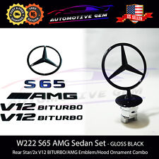S65 SEDAN AMG V12 BITURBO Rear Star Emblem Hood Ornament BLACK Set Mercedes W222 picture