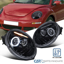 Fits VW 98-05 Beetle Glossy Black Smoke LED Halo Projector Headlights Head Lamps picture