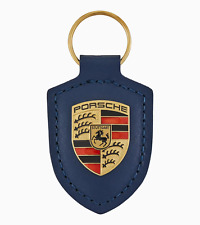 Authentic Genuine Porsche Crest Blue Leather Keychain Ring Fob - Ships Today picture