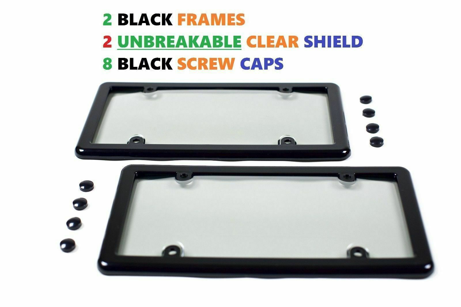 2 Two Unbreakable Clear License Plate  Shields + 2 Black Frames + 8 Caps New