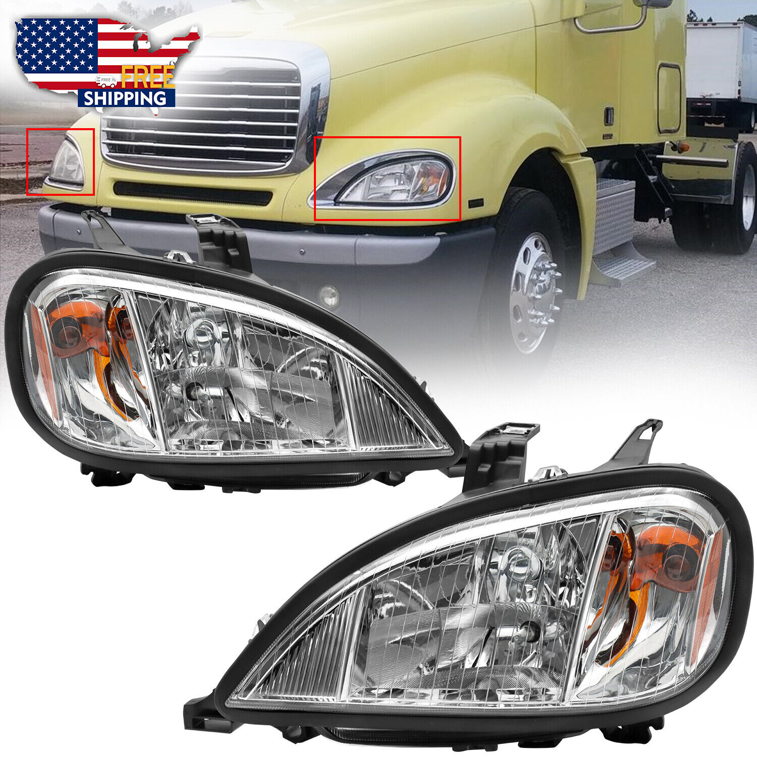 For 04-13 Freightliner Columbia Headlights Headlamps Left & Right Pair Set