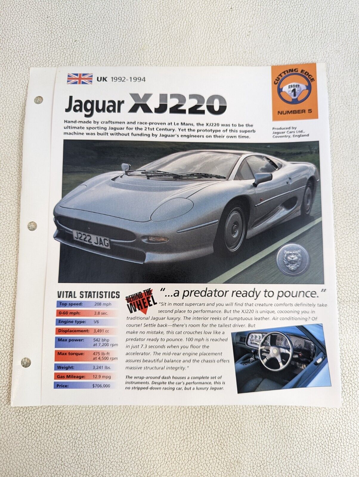 1993 JAGUAR XJ220 SPEC SHEET/Brochure/Pamphlet/Catalog