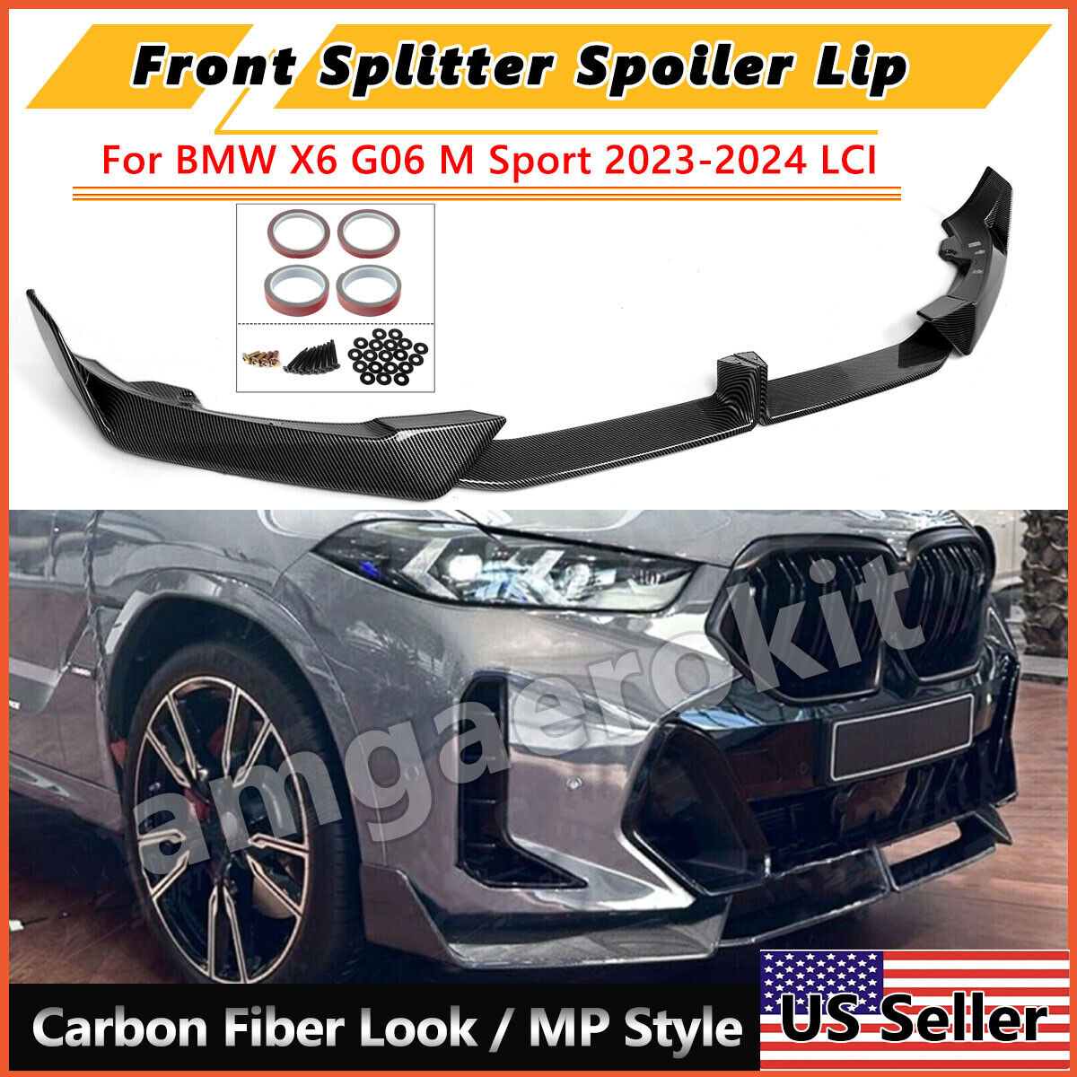 For 2024-25 BMW X6 G06 LCI Carbon Look MP Style Front Body Lip Spoiler Splitter