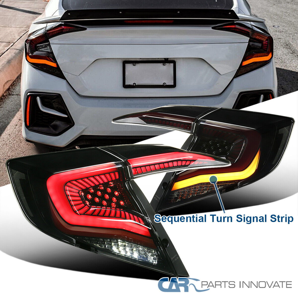 Black/Smoke Fits 2016-2021 Honda Civic Sedan Tail Lights LED Sequential Signal