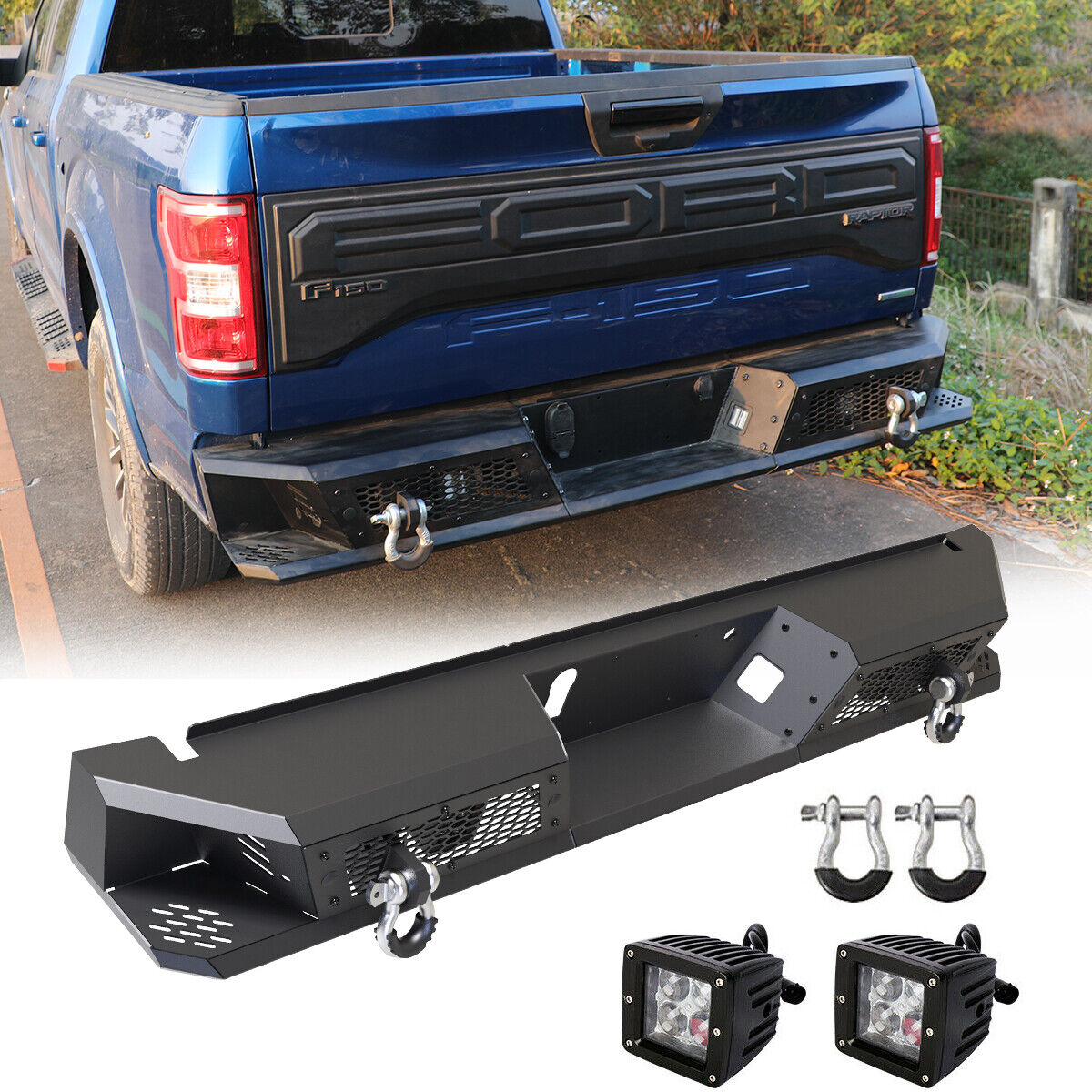 Black Heavy Steel Rear Bumper w/Shackles+LED POD Lights For 2015-2020 Ford F150