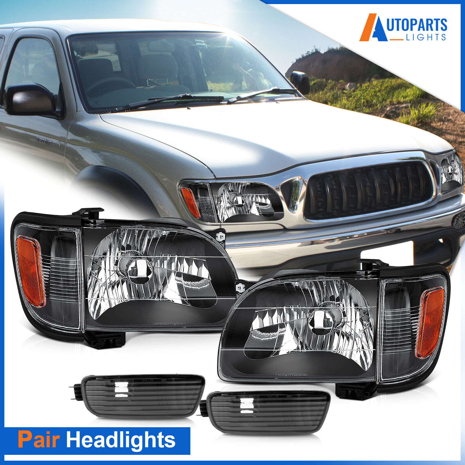 For 2001-2004 Toyota Tacoma Black Headlights & Bumper Lights & Signal Lights Set