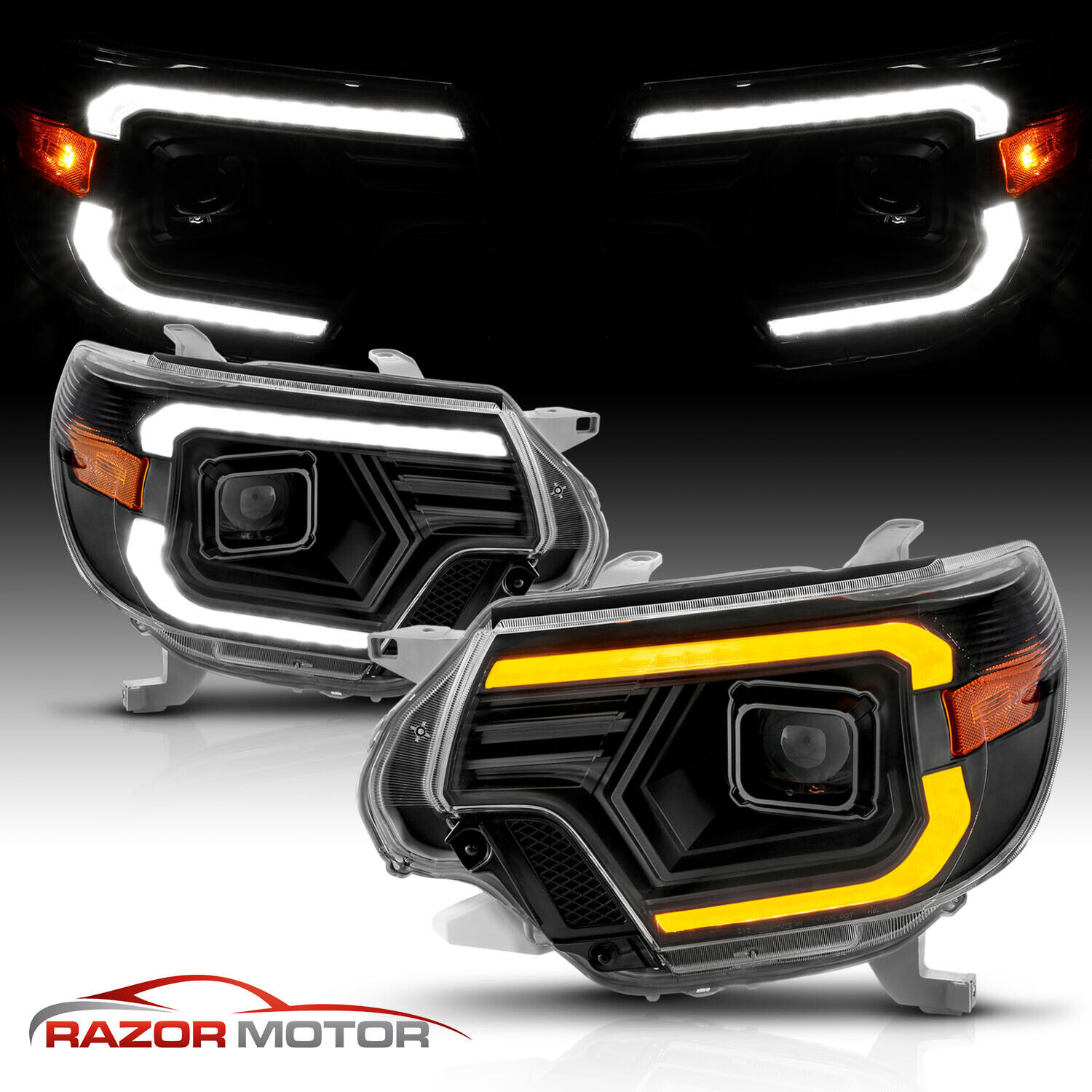 [LED C Light Bar] 2012-2015 Fit Toyota Tacoma Black Switchback Headlights L+F