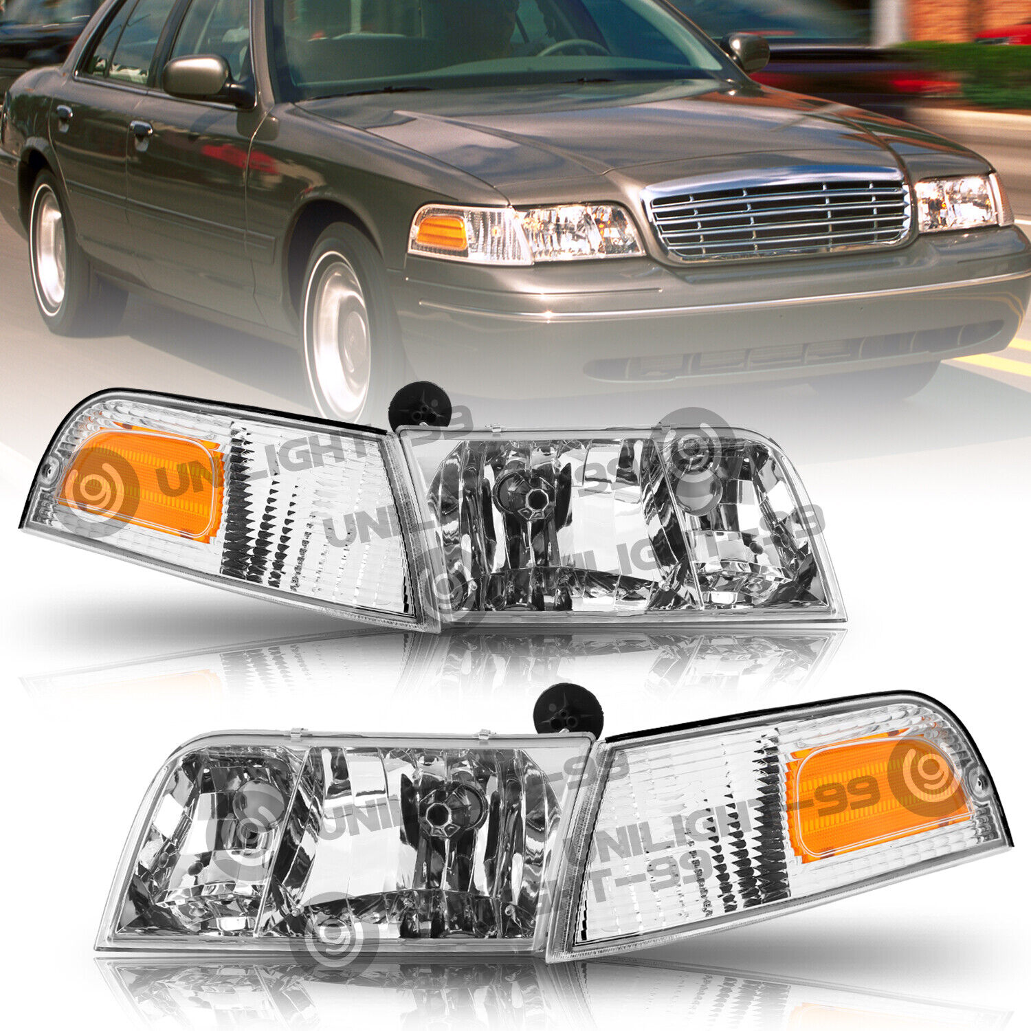 For 1998-2011 Ford Crown Victoria Chrome Headlights+Corner Signal Lamp Pair L+R