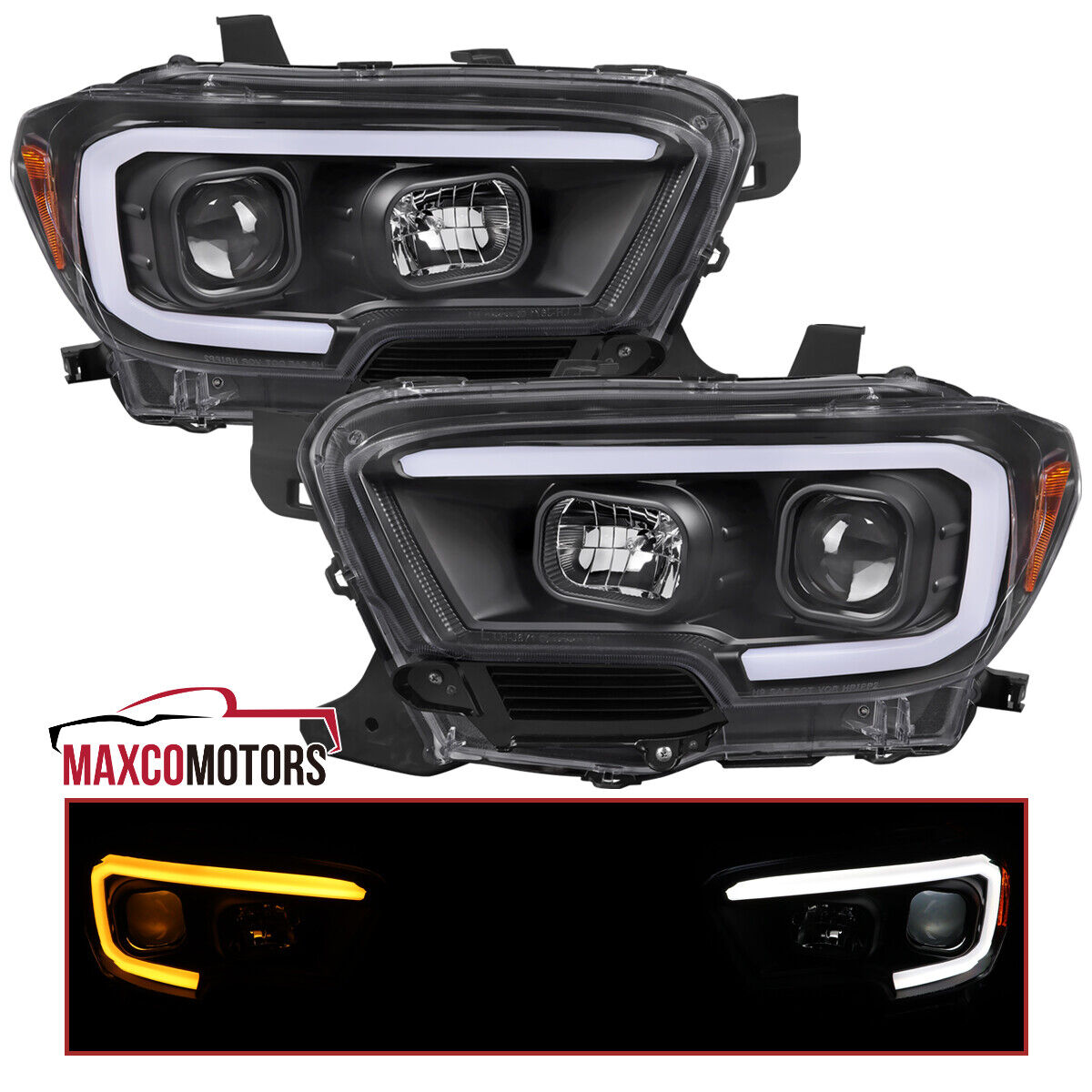 Black Projector Headlights Fits 2016-2023 Toyota Tacoma LED Switchback Tube Lamp