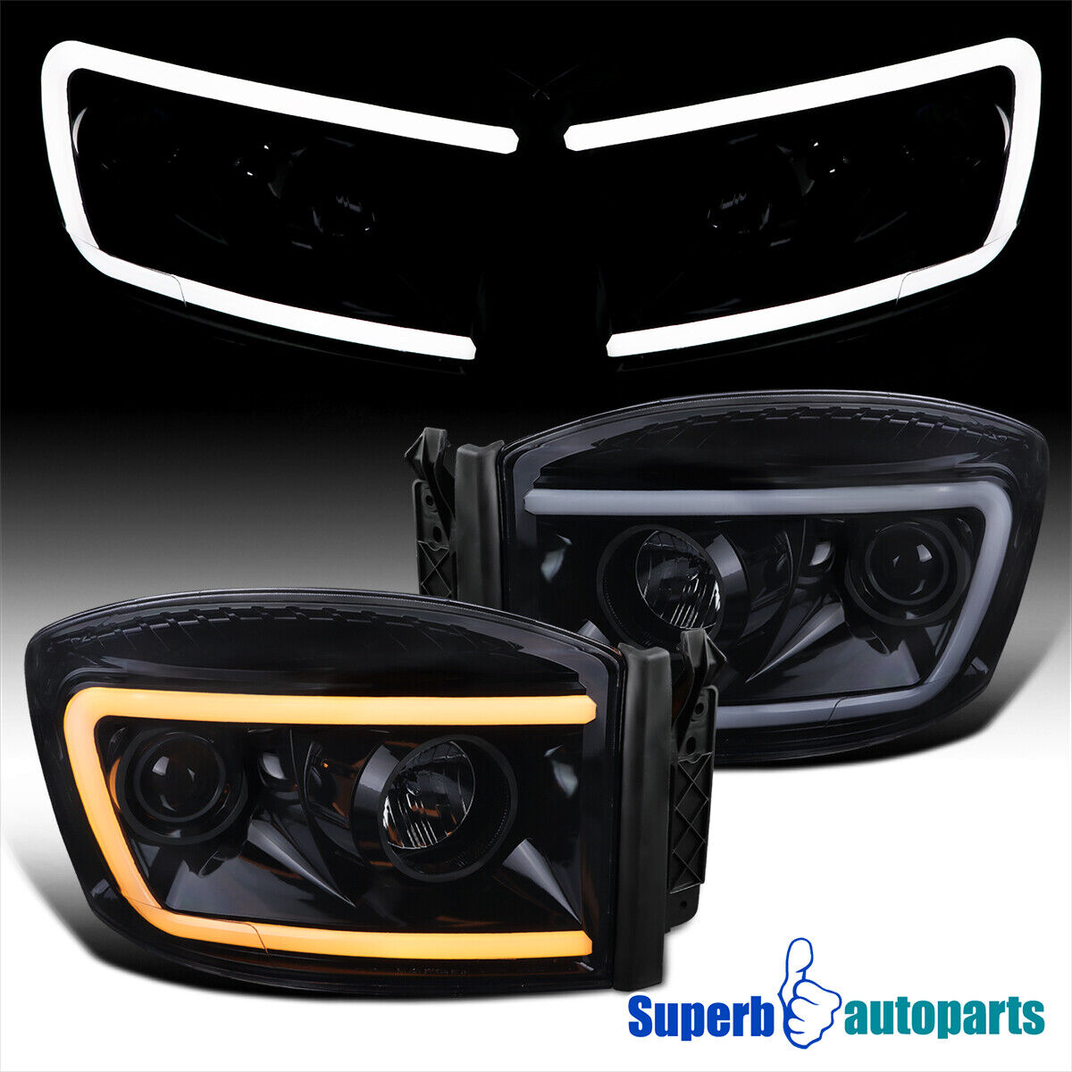 Fits 2006-2008 Ram 1500 Glossy Black Projector Headlights Switchback LED Signal