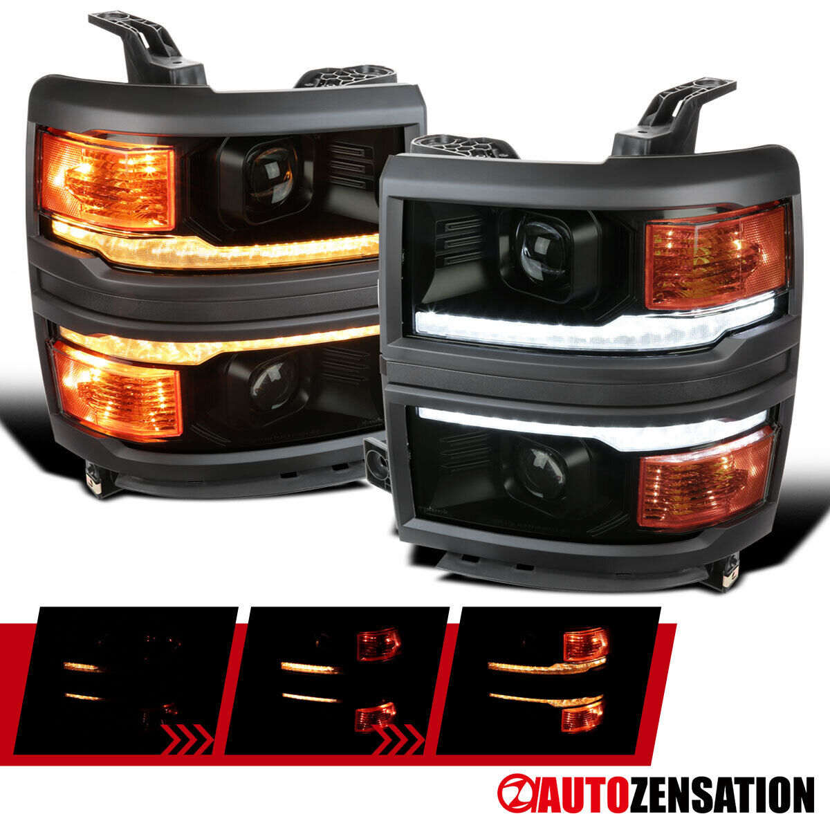 Sequential LED Fit 2014-2015 Silverado 1500 Smoke Projector Headlights Lamps