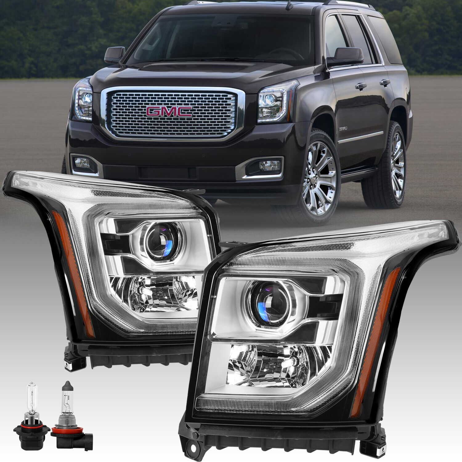 For 2015-2020 GMC Yukon Halogen w/ LED DRL Projector [Factory Style] Headlights