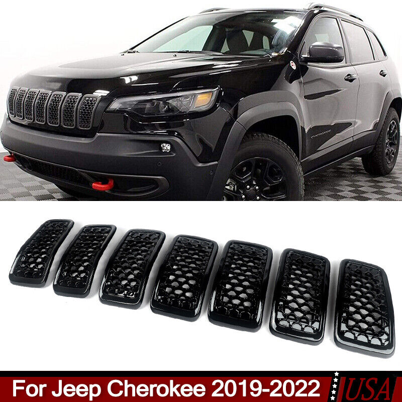 7Pcs Honeycomb Front Mesh Grille Inserts For Jeep Cherokee 2019-2022 Gloss Black