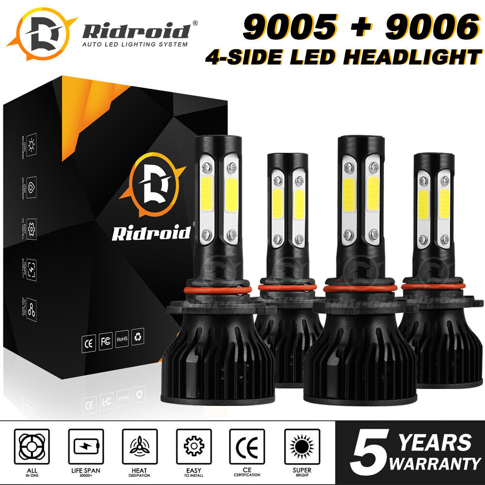 4-Side 9005 9006 LED Headlight Bulb Combo Kit High Low Beam 6000K 240W 36000LM