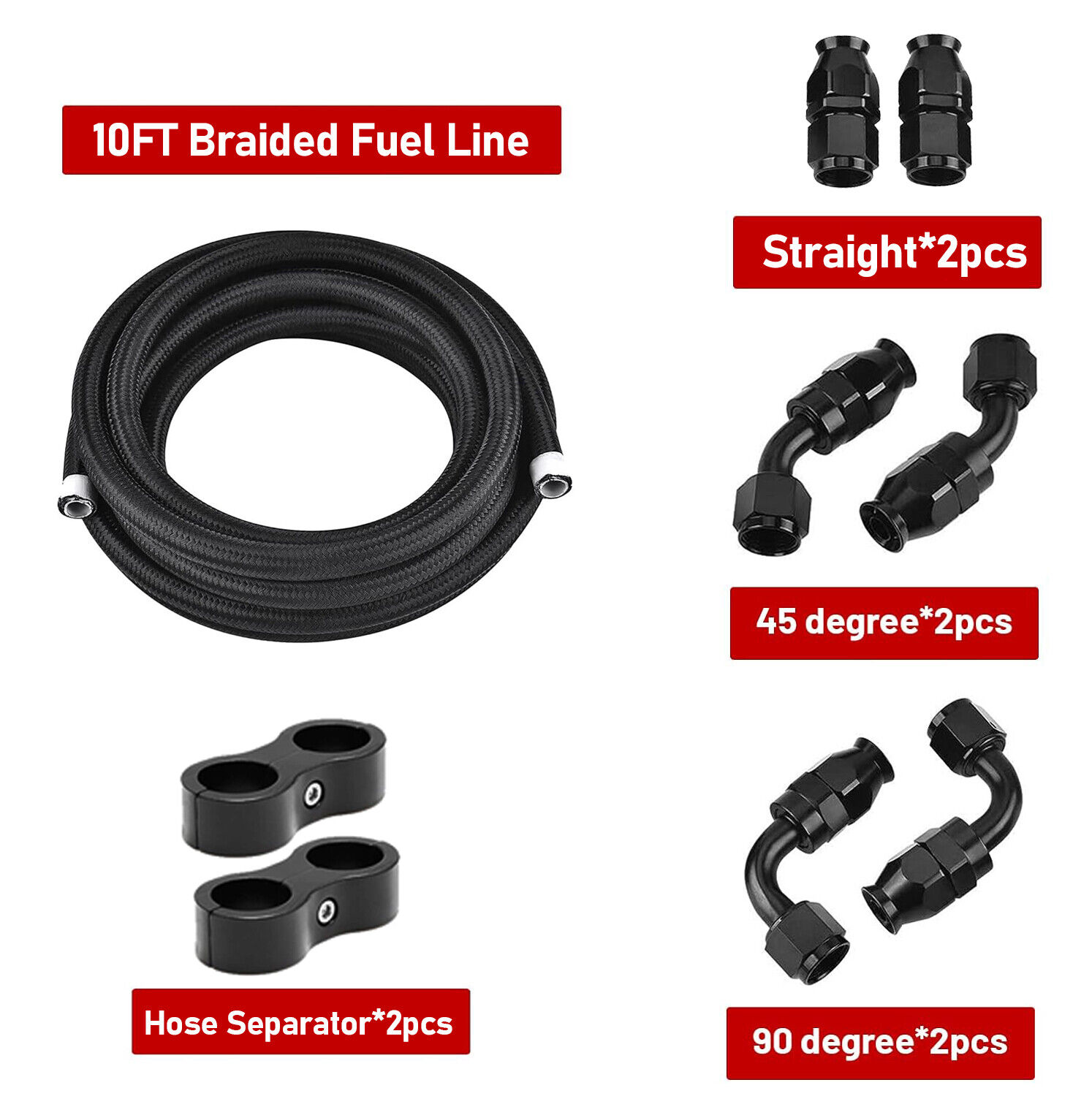 6AN-8AN-10AN Black Nylon E85 PTFE Oil Gas Fuel Line Hose 20FT + 14 Fittings Kit