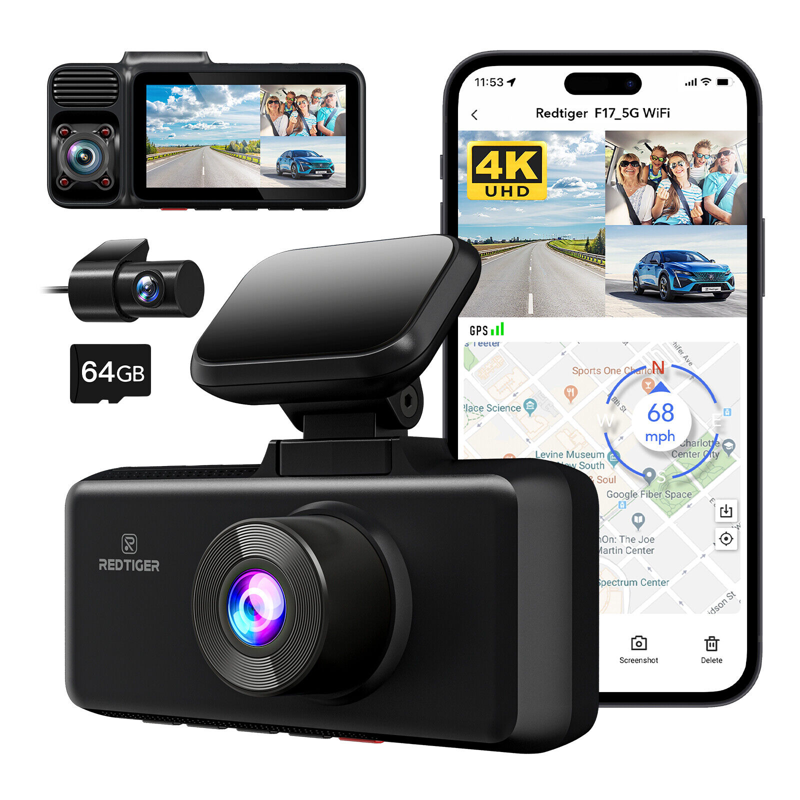 REDTIGER F17 4K Dash Cam 3 Channel 5G WiFi Front and Rear Inside With 64GB Card