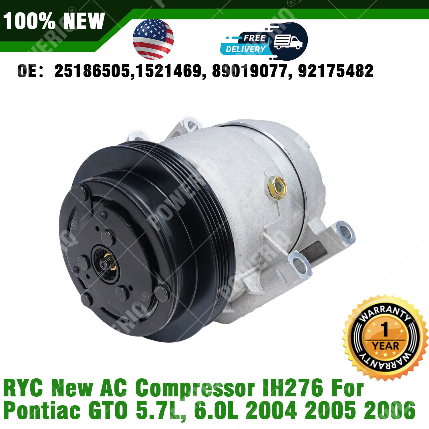 RYC New AC Compressor IH276 Fits Pontiac GTO 5.7L, 6.0L 2004 2005 2006