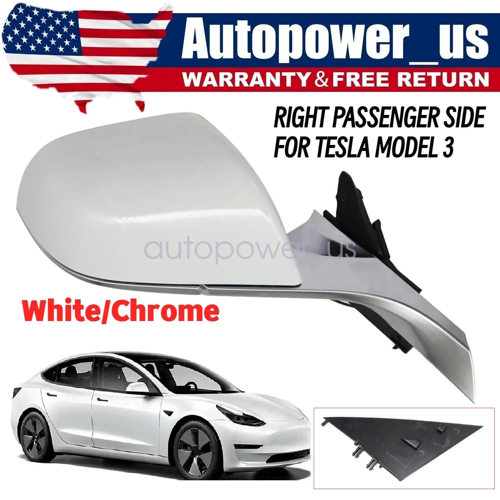 White Right Passenger Mirror For Tesla Model 3 2017 2018 2019 2020 Heated Memory