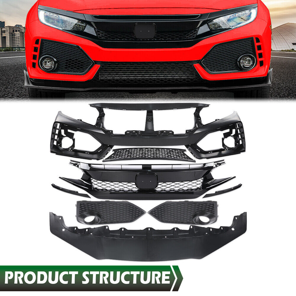 Fit For 16-21 Honda Civic Type-R Style Front Bumper Cover+Lip+Grille Full Kit 