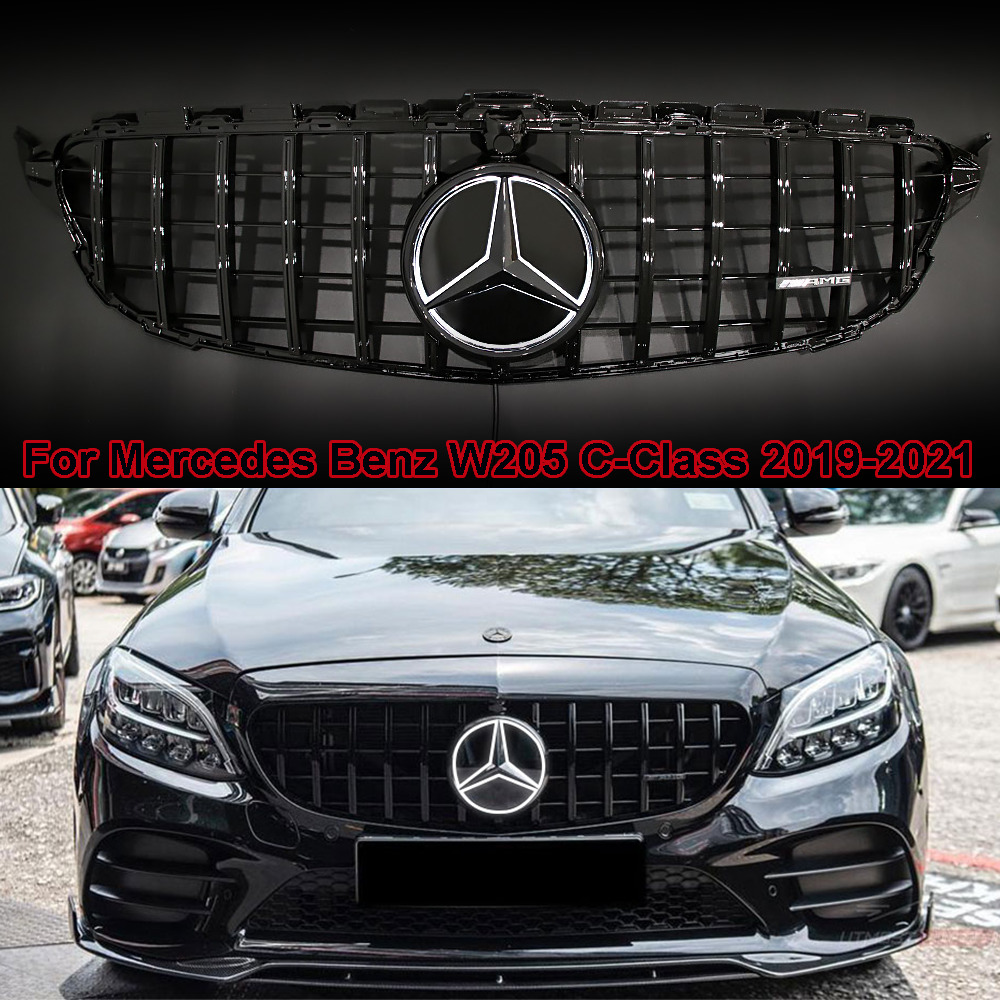 Black  Grille W/Led Star For 2019-2021 Mercedes Benz W205 C200 C300 C43 AMG