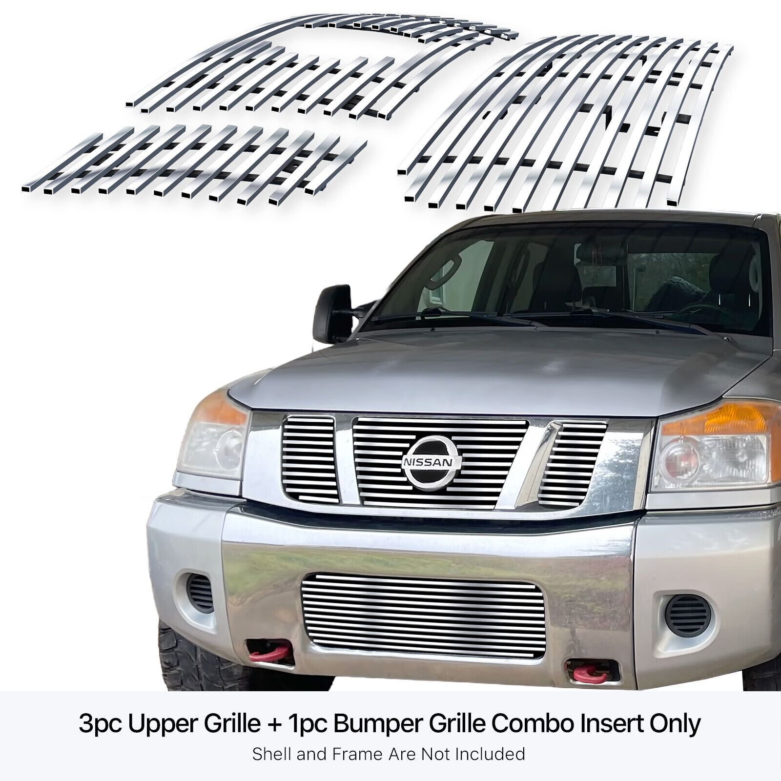 Fits 2008-2015 Nissan Titan Stainless Chrome Billet Grille Insert Combo