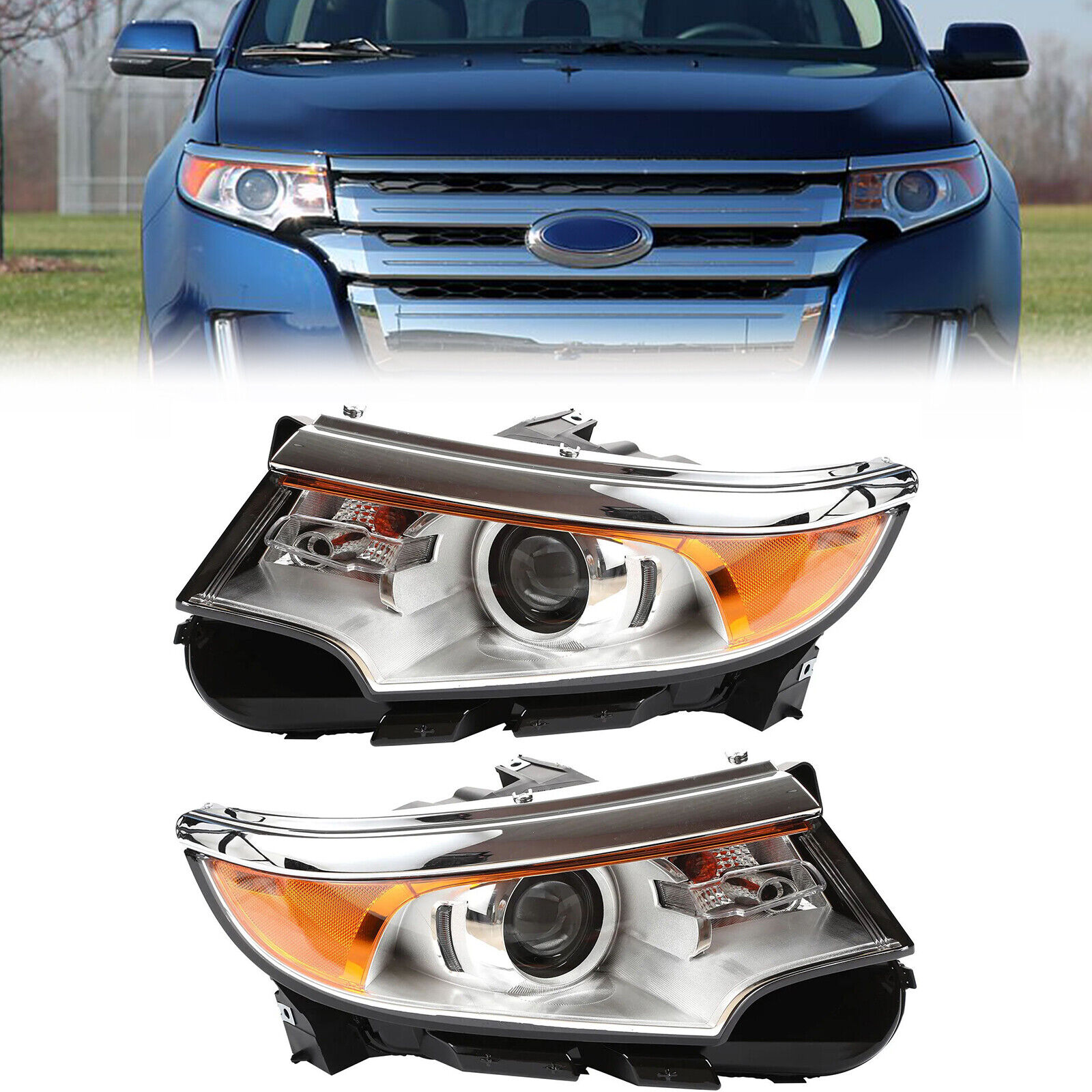 Pair Headlights for 11-14 Ford Edge Halogen Projector Chrome Housing L&R Set