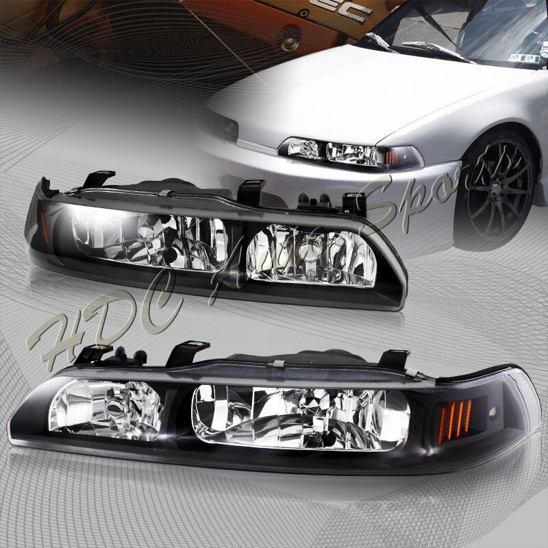 For 90-93 Acura Integra JDM Black Housing 1-Piece Headlights W/Amber Reflector