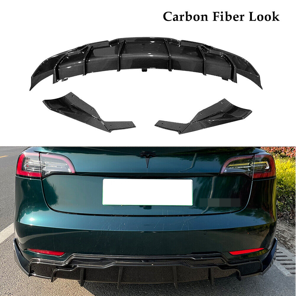 3PCS Rear Bumper Lip Diffuser Aprons Carbon Fiber Style Fits 17-22 Tesla Model 3