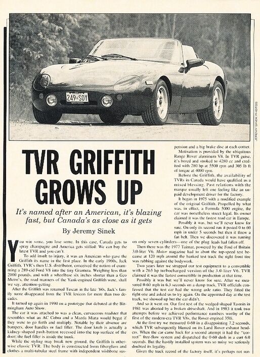 1993 TVR Griffith  Original Car Review Print Article J611