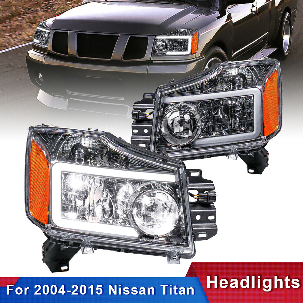 Pair Chrome Headlights w/ LED Bar Assembly For 2004-2015 Nissan Titan Front Lamp