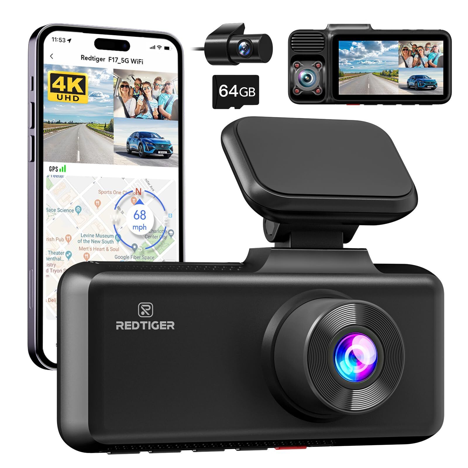 REDTIGER F17 3 Channel 4K Dash Cam, 5G WiFi Front and Rear Inside, 64GB SD Card
