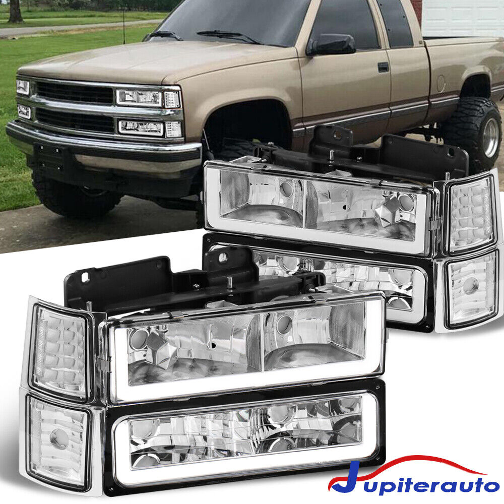 For 1994-1998 Silverado C10 C/K 1500 2500 Chrome Headlights LED Bar+Bumper Lamp