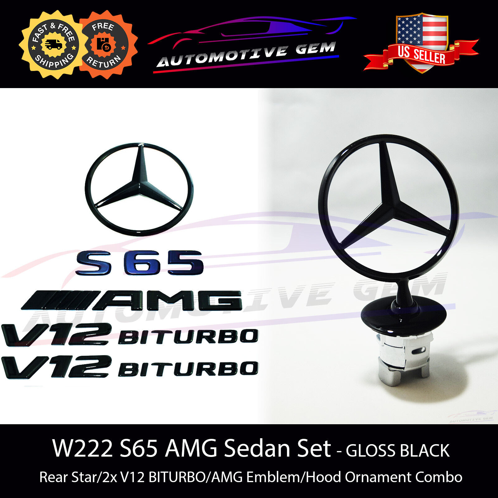 S65 SEDAN AMG V12 BITURBO Rear Star Emblem Hood Ornament BLACK Set Mercedes W222