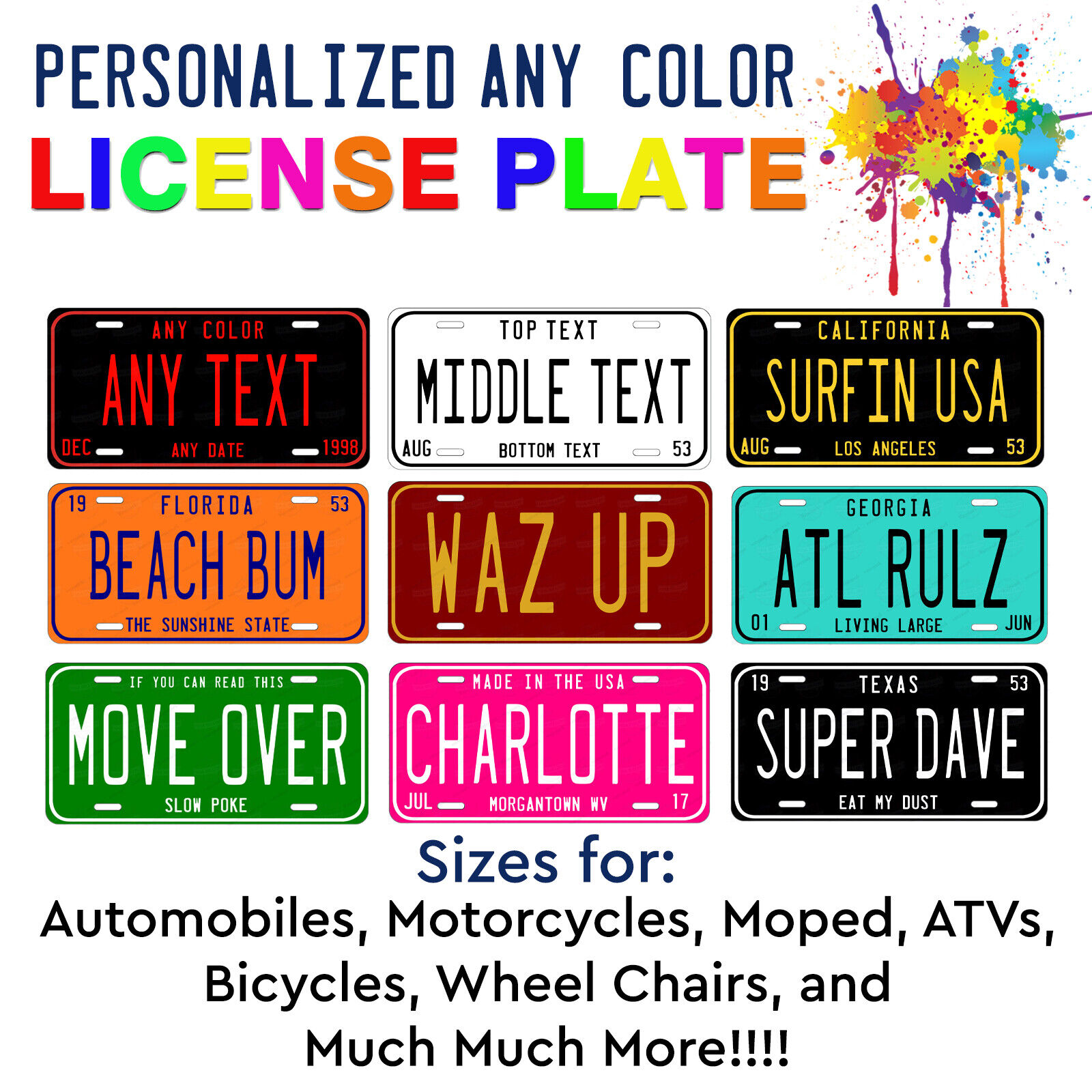  Any State Any Color Custom Personalized License Plate For Auto ATV Bike Bicycle