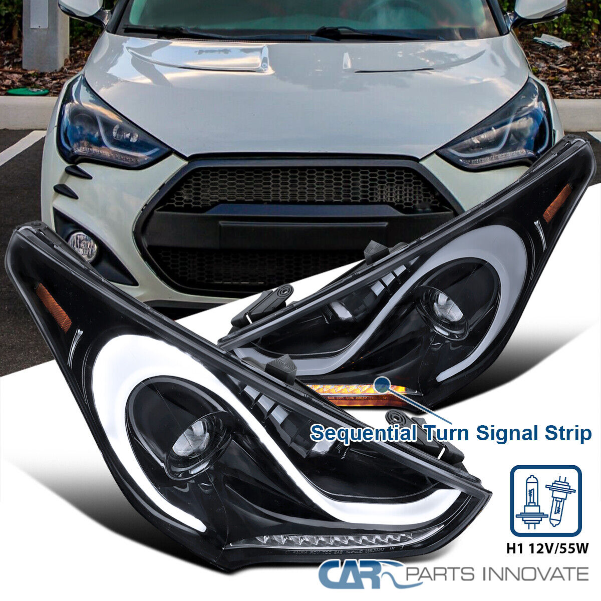 Smoke Fits 2012-2017 Hyundai Veloster Projector Headlights LED Sequential Signal
