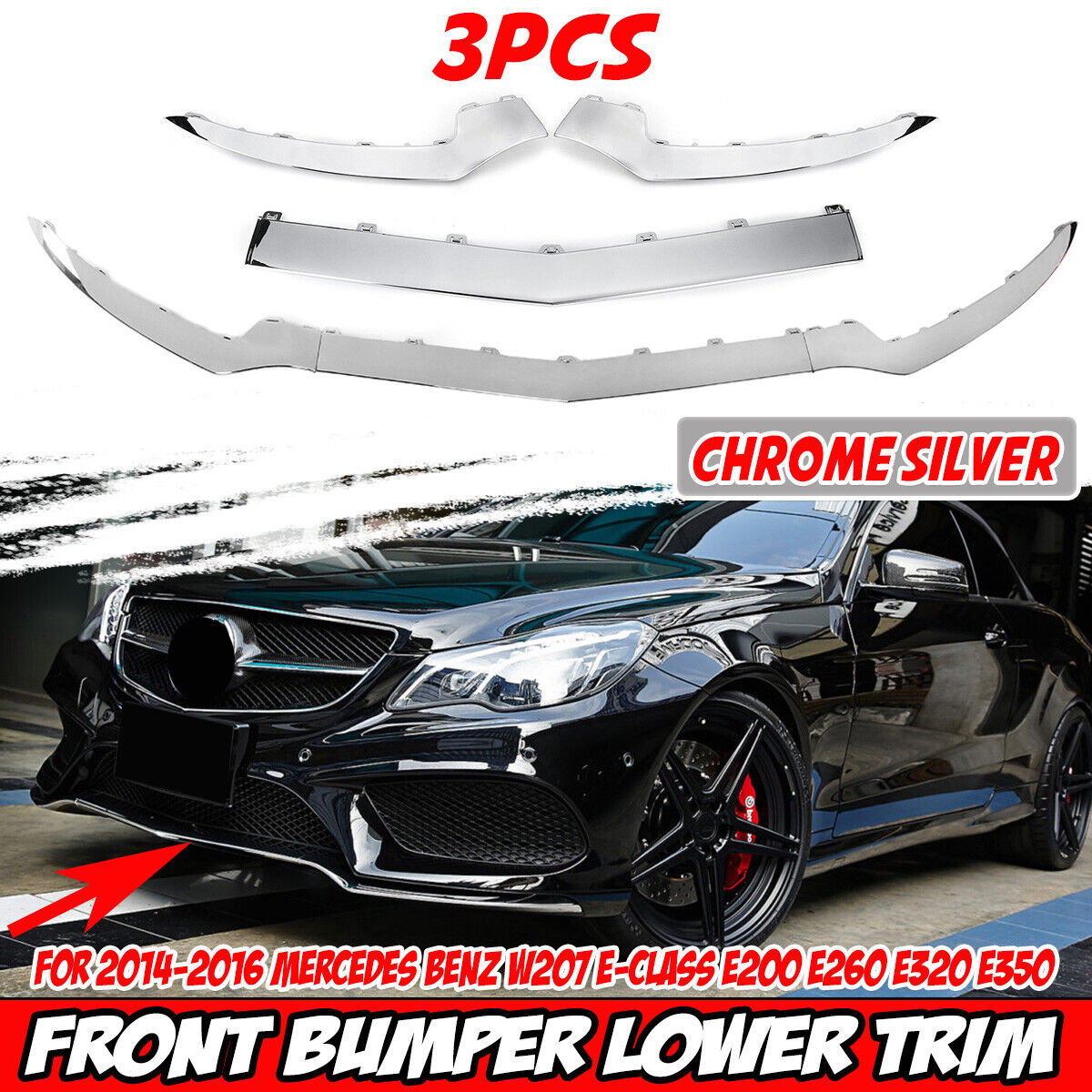 Front Bumper Lip Trim Molding 3PCS For Mercedes W207 2DR Coupe E250 E350 14-16