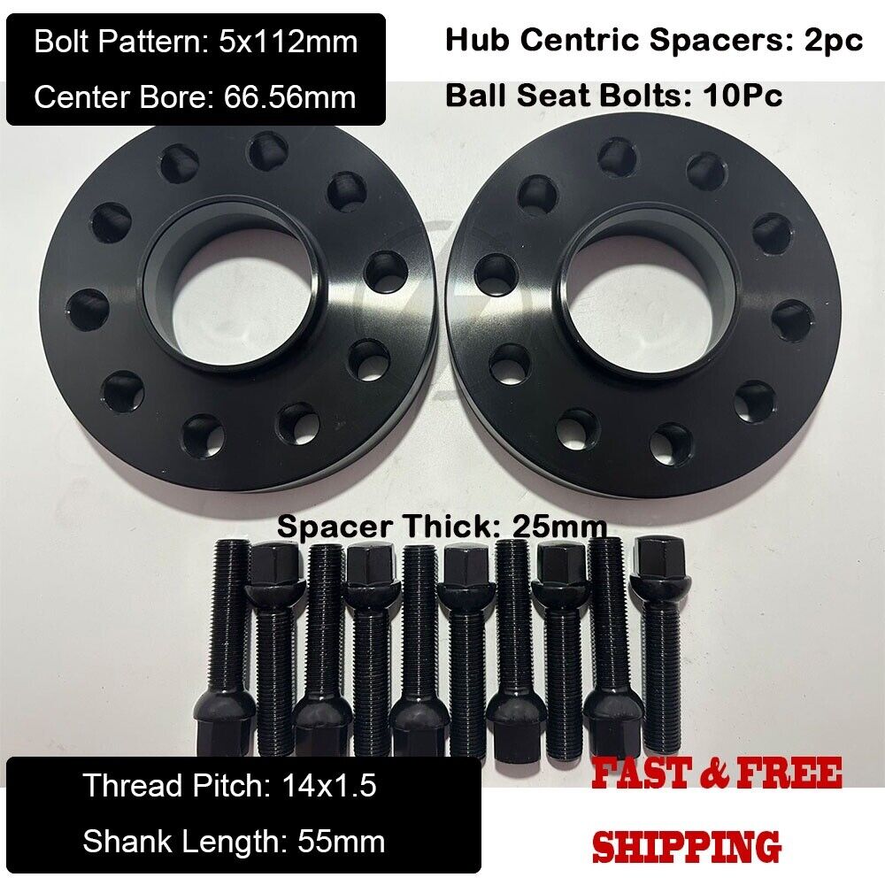 2Pc 25mm Thick Mercedes 5x112mm CB 66.56 Wheel Spacer Kit W/ 14x1.5 Ext. Bolts