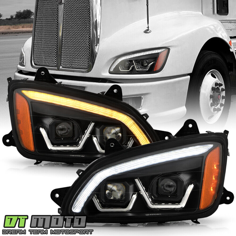 For 2008-2017 Kenworth T660 Black LED Switchback Sequential Projector Headlights