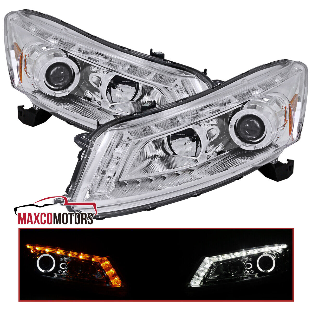 Fits 2008-2012 Honda Accord 4Dr Sedan Projector Headlights LED Strip Halo Lamps