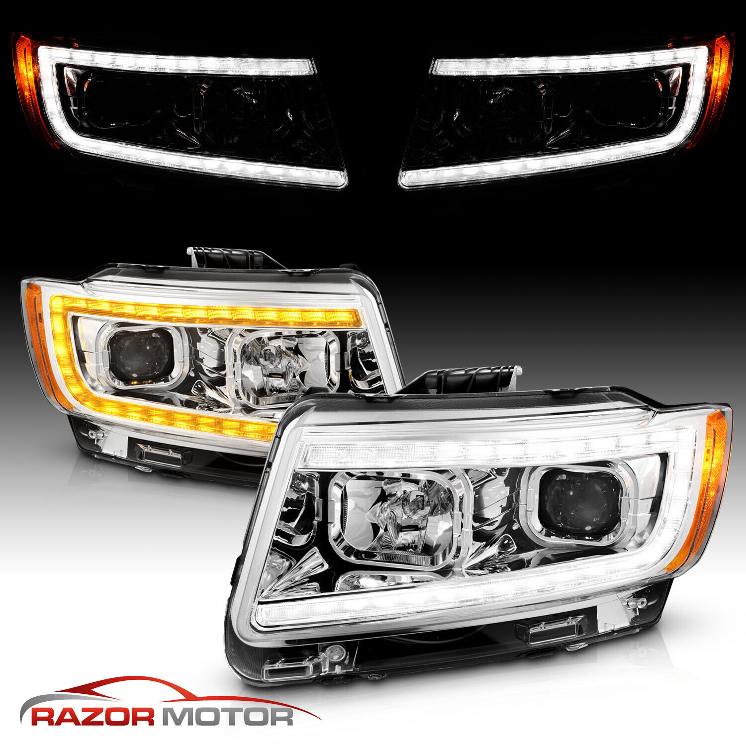 [LED C Bar] 2011-2013 For Jeep Grand Cherokee Chrome Switchback Headlights