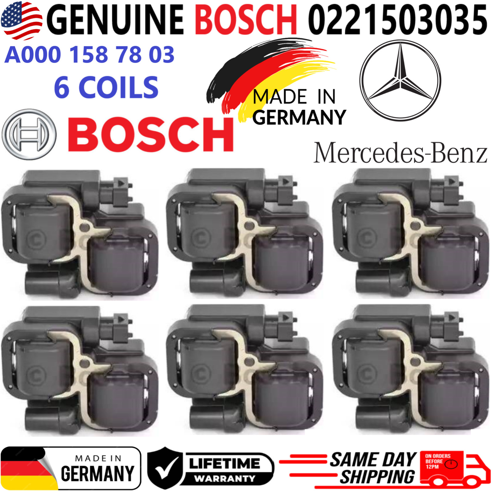 OEM BOSCH x6 Ignition Coils For 1998-2011 Mercedes-Benz A0001587803, 0221503035