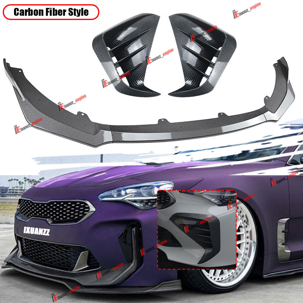 For KIA Stinger 2018-24 Carbon Style Front Bumper Lip + Vent Hole Cover Body Kit