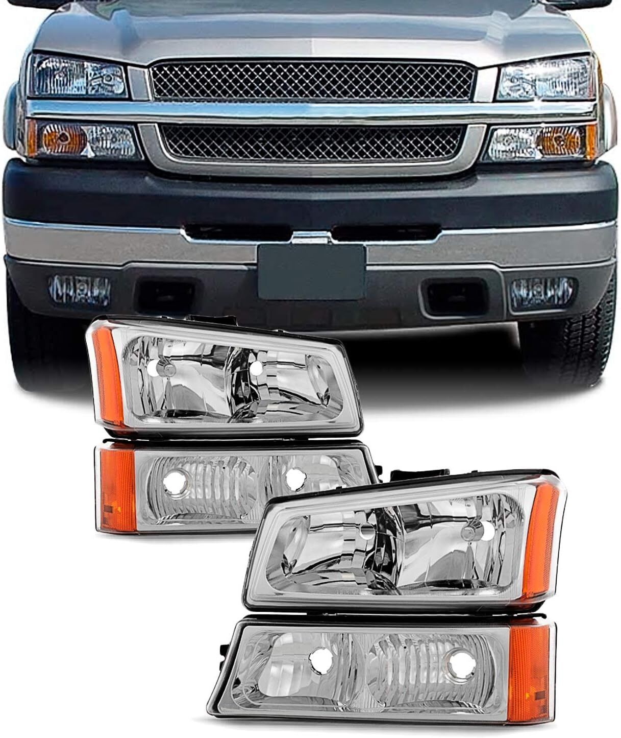 Headlights Assembly w/Turn Signal Chrome Lamps for 2003-2006 Chevy Silverado