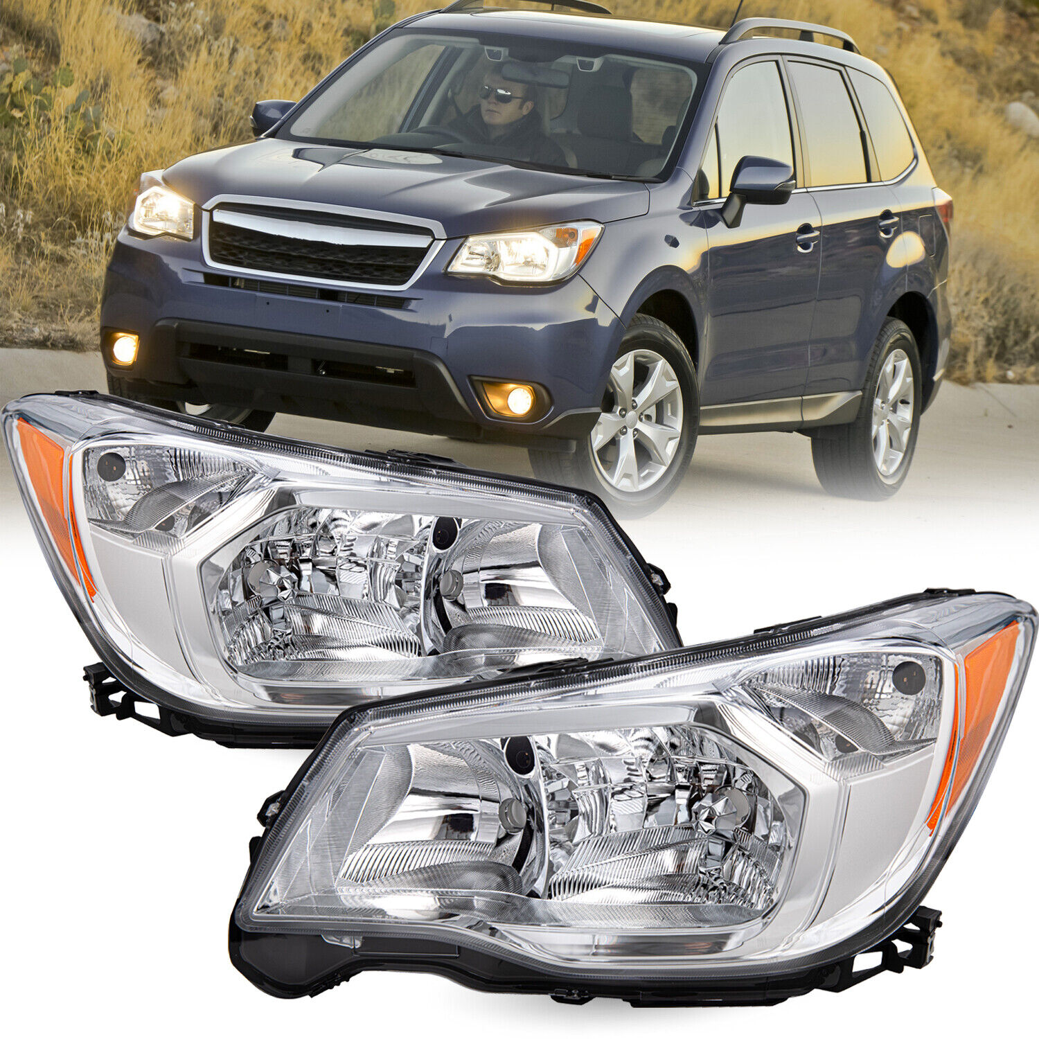 For 2014 2015 2016 Subaru Forester Halogen Chrome Headlights Headlamps L+R Pairs