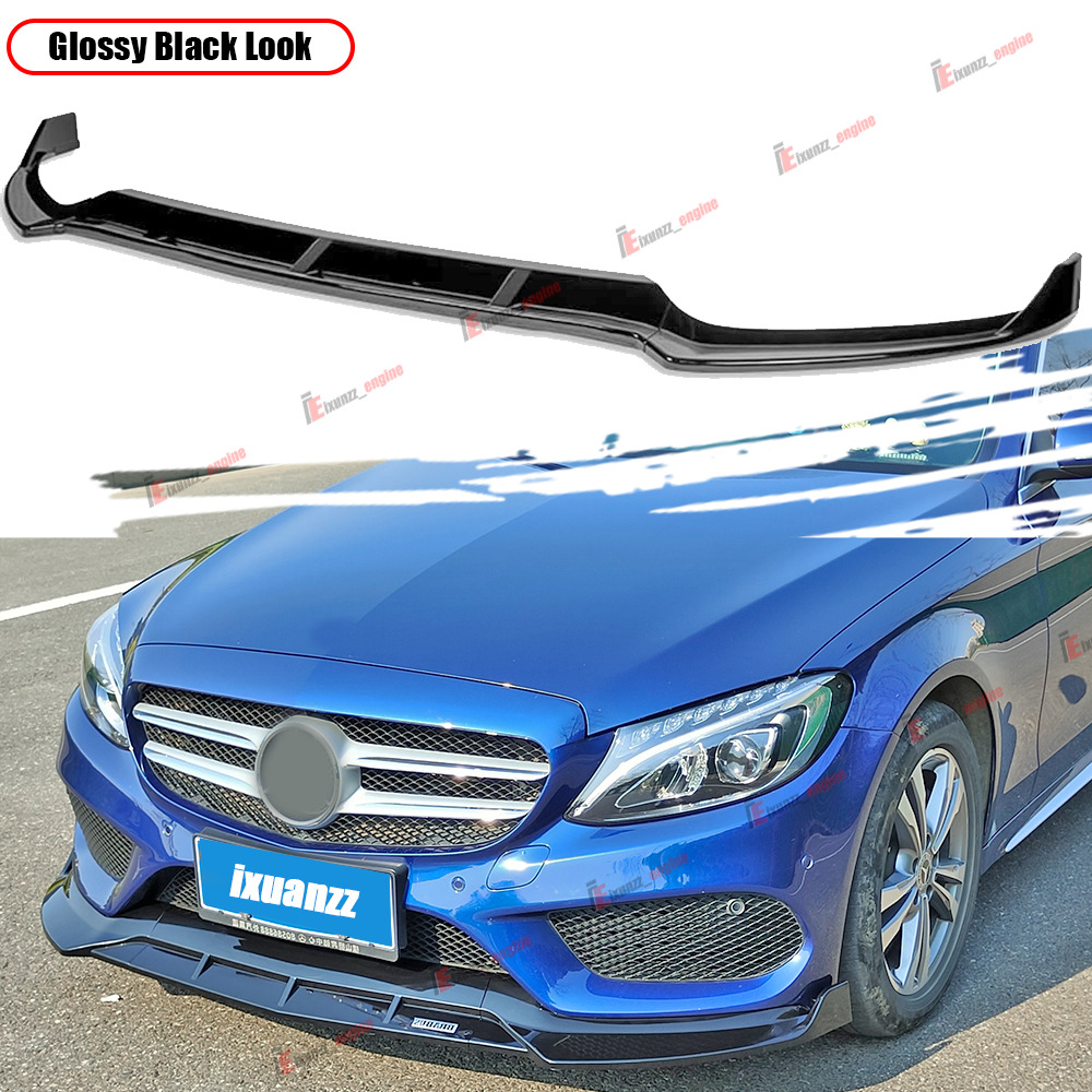 For 15-18 Mercedes Benz C-CLASS W205 AMG Sport Gloss Black Front Bumper Lip 3PCS