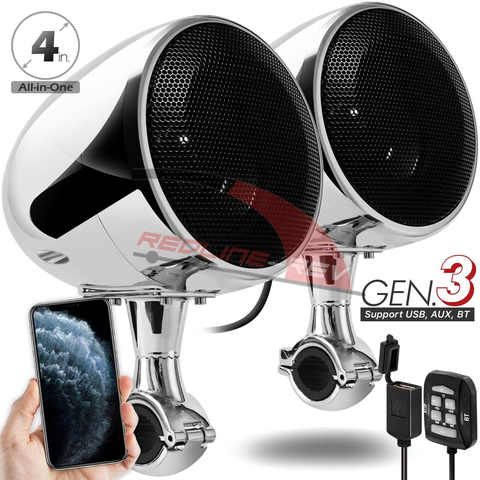 Refurb 300W Bluetooth Motorcycle Audio Stereo Chrome Speakers System Harley USB