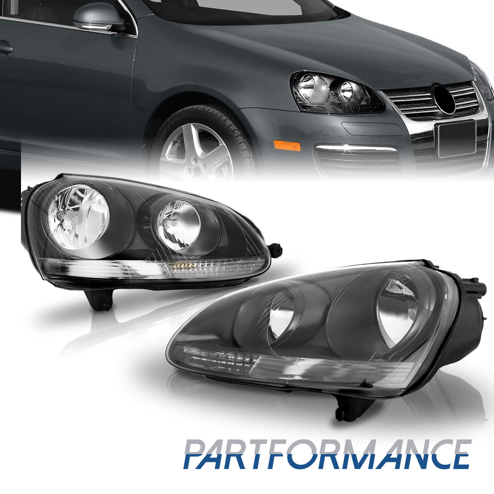 For 2006-2010 Volkswagen Jetta Black Halogen Headlights Headlamp Left&Right Side