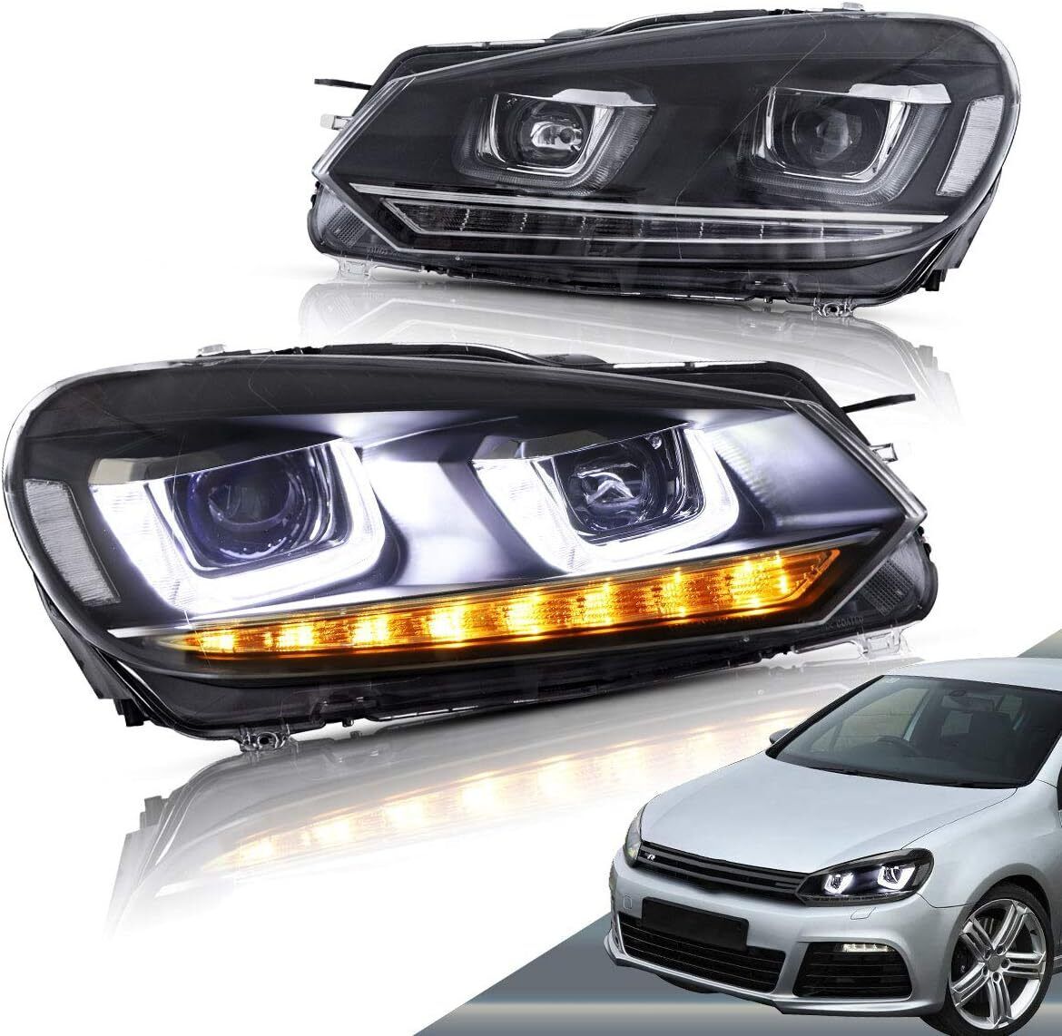 VLAND 2xLED Headlights For 2010-2014 VOLKSWAGEN Golf MK6 w/Sequential Signals