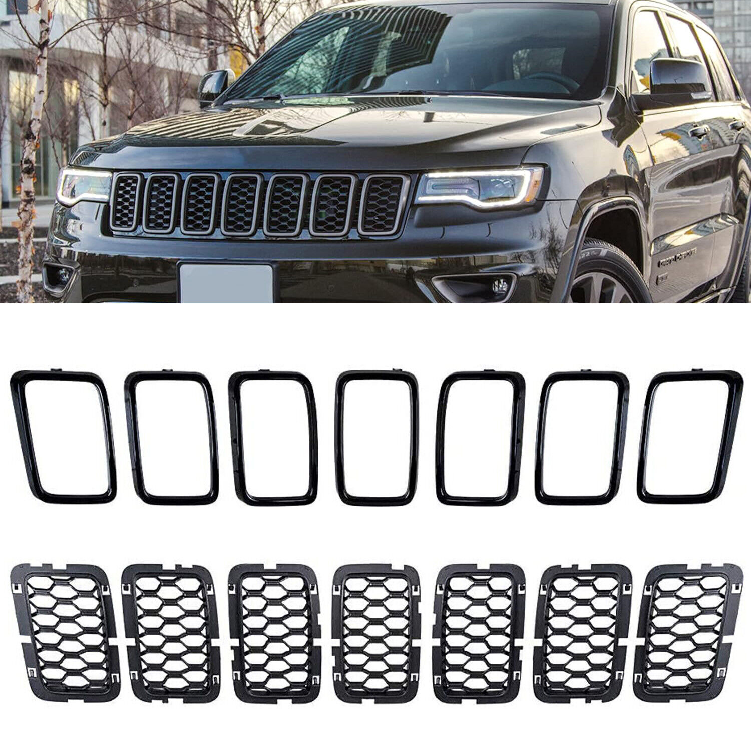 7Pcs Honeycomb Mesh Grill Inserts Rings Cover For Jeep Grand Cherokee 2017-2021