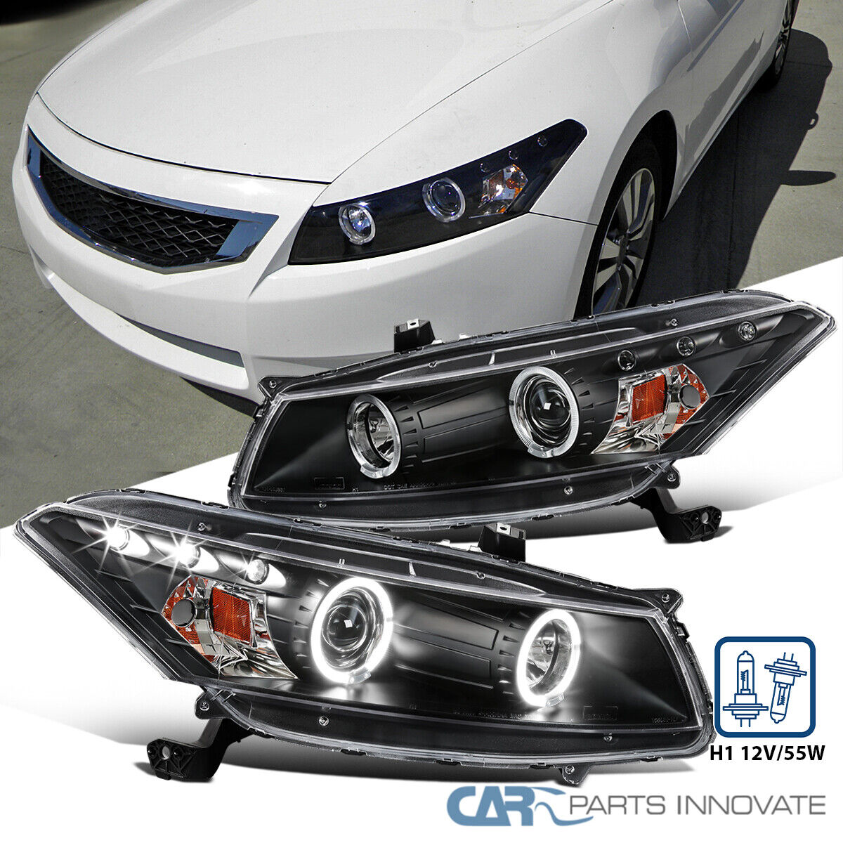 Fits 2008-2012 Honda Accord 2Dr Coupe Black LED Halo Projector Headlights Lamps